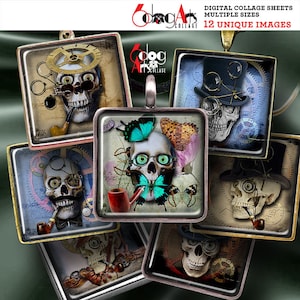 May include: Twelve unique digital collage sheets featuring skull imagery with steampunk and butterfly accents. The images are in a square format and have a vintage, antique aesthetic.