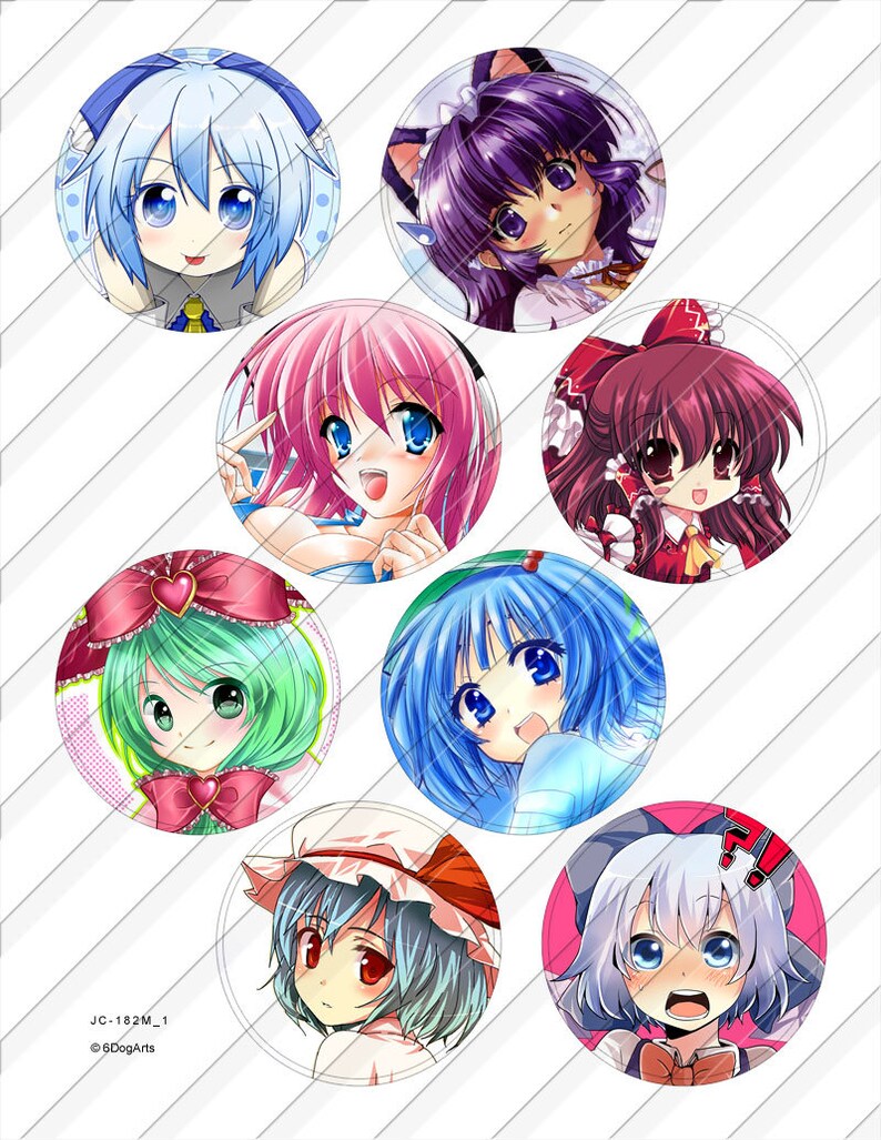 K&ouml;nnte beinhalten: Satz mit acht runden Anime-Charakter-Aufklebern mit verschiedenen weiblichen Charakteren mit unterschiedlichen Haarfarben und Outfits. Die Aufkleber sind auf wei&szlig;em Papier mit gl&auml;nzendem Finish gedruckt.