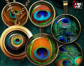 May include: Six round, gold-toned, metal pendants with images of peacock feathers. The pendants are arranged in a circle on a green background. The text "6dogArts Collage" is visible in the top right corner of the image.