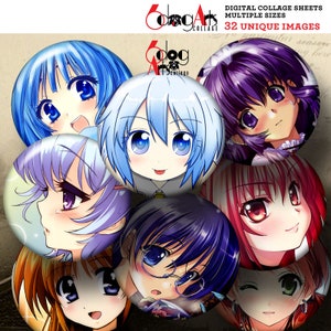 Anime Manga Cyfrowe Arkusze Kolażowe Do Wydruku 2.755", 1.85" Koła do 2.25", 1.5" Obciążniki Papieru, Guziki, Lustra Cyfrowe Pobieranie JC-182B