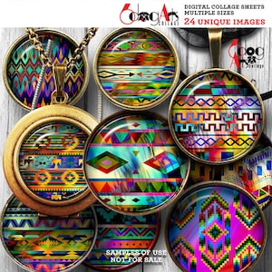 Puede incluir: Un conjunto de 8 hojas de collage digitales redondas de colores con patrones geométricos en tonos de azul, verde, rojo, amarillo, naranja y morado. Las hojas de collage digitales son perfectas para proyectos de manualidades, scrapbooking y diseño digital.