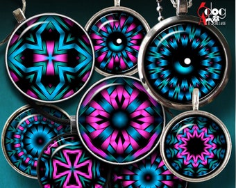 Kaleidoscope Mandala Digital Collage Sheets Printable Download Glass Cabochons Pendants 20mm, 18mm, 16mm, 14mm, 12mm Circles JC-286