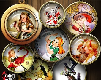 Alice in Wonderland Digital Collage Sheets Printable Downloads Bottle Caps Pendants Scrapbooking 1.5", 1.25", 1", 30, 25mm Circles JC-104C