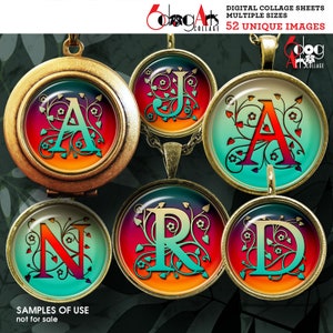 Folhas de colagem digital Letras do alfabeto para impressão Download Cabochões de vidro para scrapbooking 20 mm, 18 mm, 16 mm, 14 mm, 12 mm Círculos JC-059C