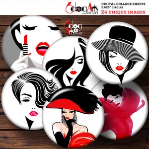 Fashion Digital Collage Sheets Printable Downloadable 2.625&quot; Circles for 2.25&quot; Buttons, Mirrors JC-206M
