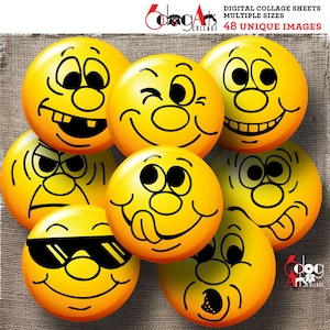 Smileys, Emoji digitale collagevellen afdrukbare download 70 mm (2,755") en 1,85" cirkels voor 53 mm (2,25") en 1,5" knoppen, spiegels JC-335 M
