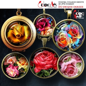 Roses Digital Collage Sheets Printable Files for Bottle Caps Pendants Cabochons Scrapbooking 1.5, 1.25, 1&quot;, 30, 25mm Circles Download JC-402