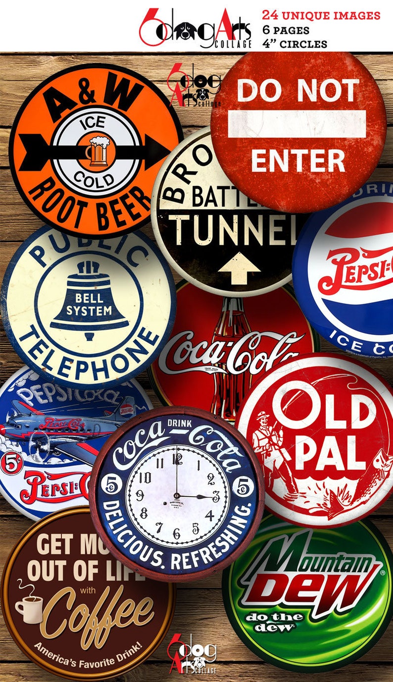 Vintage Signs Digital Collage Sheets Printable Download 4" Circles for ...