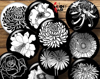 BW Flowers Digital Collage Sheets Printable Download for Bottle Caps Pendants Glass Cabochons 1.5, 1.25, 1", 30mm, 25mm Circles JC-260