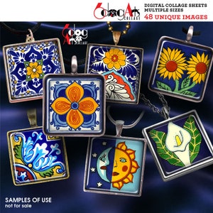 Fogli di collage digitale di piastrelle Talavera messicane da stampare e scaricare per pendenti, cabochon in vetro da 1,5", 1", 30 mm, 25 mm, 15 mm quadrati JC-026