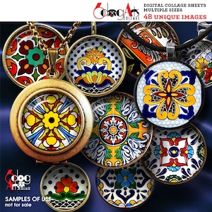 May include: A set of 48 digital collage sheets featuring colorful, intricate tile designs in a variety of patterns. The tiles are reminiscent of traditional Mexican Talavera pottery. The images are perfect for crafting projects, scrapbooking, and digital design.