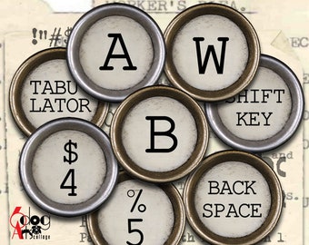 Old Typewriter Keys Digital Collage Sheets Printable Download for Bottle Caps, Resin Pendants, Crafts 1", 25mm, 20mm, 18mm Circles JC-187