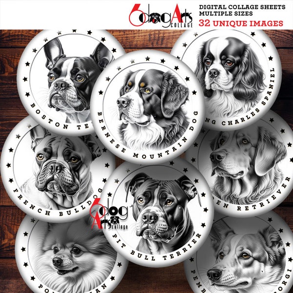 Dog Breeds BW Pencil Drawings Digital Collage Sheets Printable Downloads Cabochons Pendants Crafts 20mm to 12mm Circles JC-453C