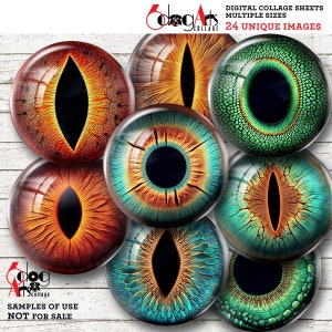 May include: Set of 8 digital collage sheets featuring colorful, detailed images of animal eyes. The eyes are a mix of green, blue, orange, and brown. The images are perfect for crafting projects, scrapbooking, and digital art.