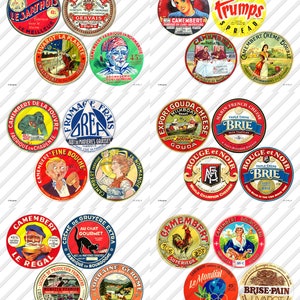 May include: A collection of vintage Camembert cheese labels, featuring various designs and text. The circular labels showcase illustrations, text, and color schemes, with French text and measurements in grams.