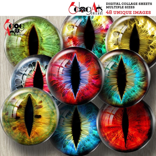 48 Creature Cat Dragon Eyes 2" and 50mm Circles Digital Collage Sheets Printable Irides Doll Making Craft Supplies Instant Download JC-090H