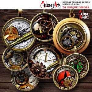 Steampunk Designs Digital Collage Sheets Printable Downloads Bottle Caps Pendants Glass Cabochons 1.5&quot;, 1.25&quot;, 30mm, 1&quot;, 25mm Circles JC-297
