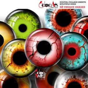 May include: A set of 48 digital collage sheets featuring unique eye designs. The eyes are in various colours, including red, green, blue, and yellow. The eyes have different textures, including cracked and smooth. The collage sheets are perfect for adding a spooky or whimsical touch to your projects.