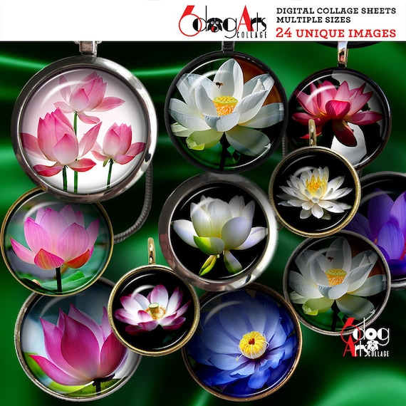 Lotus Flower Digital Collage Sheets Printable Download for Bottle Caps Pendants Paper Crafts 1.5", 1.25", 1", 30mm, 25mm Circles JC-240