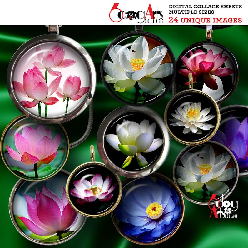 Lotus Flower Digital Collage Sheets Printable Download for Bottle Caps Pendants Paper Crafts 1.5", 1.25", 1", 30mm, 25mm Circles