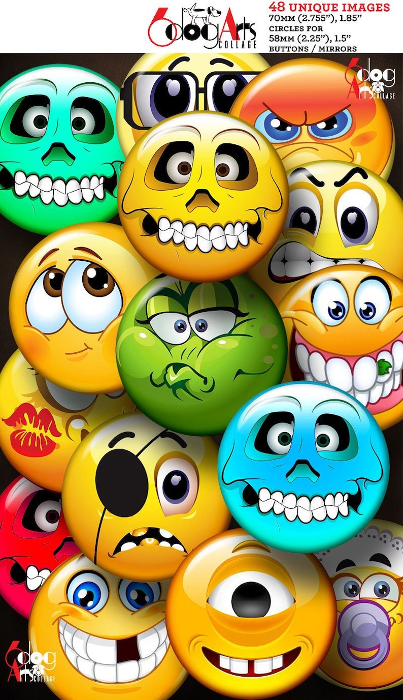 Smileys Emoji Digital Collage Sheets Printable Download 70mm Etsy