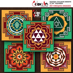 Pode incluir: Um conjunto de 20 folhas de colagem digital que apresentam desenhos geométricos intrincados em tons de amarelo, verde, vermelho, branco e preto. Cada folha mede 10,16 cm por 10,16 cm e apresenta um design único inspirado na arte tradicional indiana.