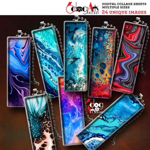 May include: Eight rectangular glass pendants with abstract blue, purple, red, and orange paint designs. The pendants are on silver chains.