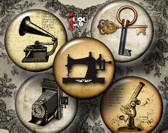 May include: Set of six vintage-style digital collage sheets featuring images of a sewing machine, a gramophone, a key, a camera, a microscope, and a handwritten note. The images are in black and white and have a distressed look.
