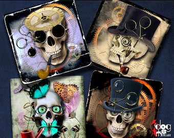 Steampunk Skull Digital Collage Sheets Printable Download 4"x4" Squares for Coasters Paperweights Magnets Scrapbooking JC-292