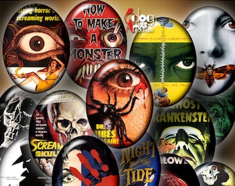 Horror Movie Posters Digital Collage Sheets Printable Download Pendants Cabochons Crafts 30x40mm, 22x30mm, 18x25mm, 13x18mm Ovals JC-115O