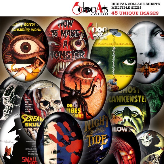 Horror Movie Posters Digital Collage Sheets Printable Download Pendants Cabochons Crafts 30x40mm, 22x30mm, 18x25mm, 13x18mm Ovals JC-115O