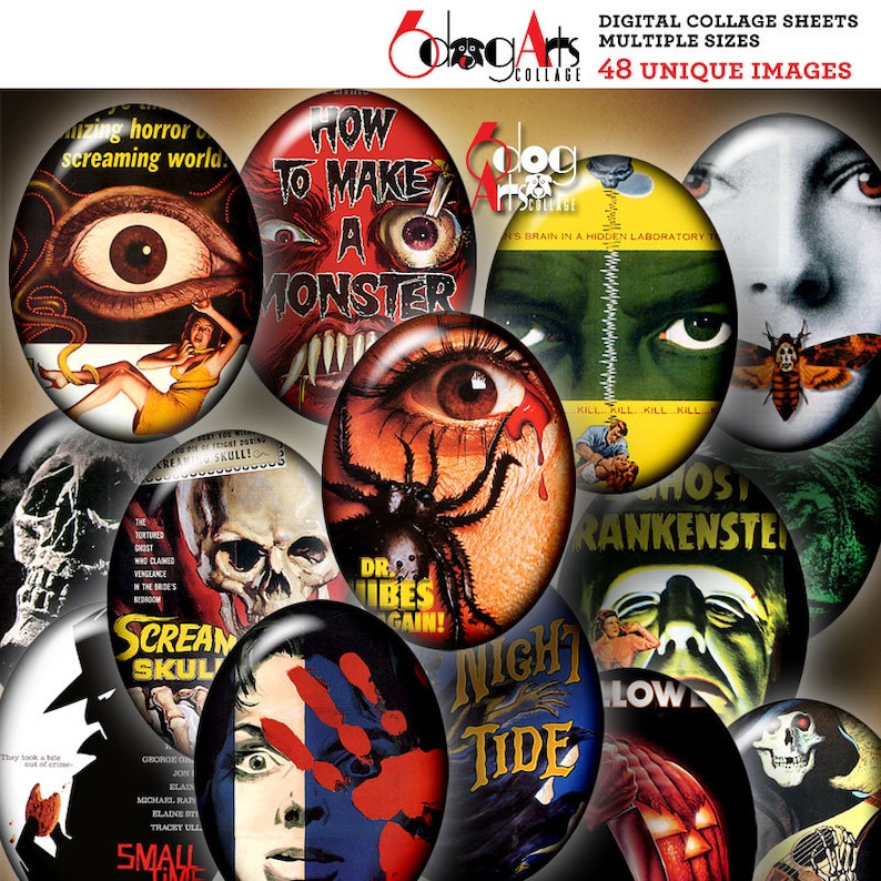 May include: A collage of 12 round images featuring vintage horror movie posters. The images include a giant eye, a monster with sharp teeth, a spider, a skull, a hand with a bloody fingerprint, a woman's face, a man's face, a moth, a Frankenstein monster, a pumpkin, and a skull.