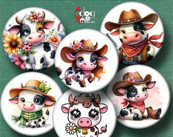 Cartoon Cow Digital Collage Sheets Printable 2.755", 1.85", 1.629", 1.375" Circles for 2.25", 1.5", 1.25" Buttons Pocket Mirrors JC-280B