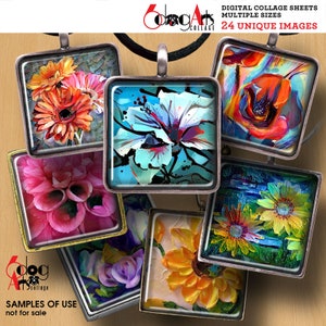 Flower Painting 1.5&quot;, 1&quot;, 30mm, 25mm, 15mm Squares Digital Collage Sheets Printable Download for Pendants Glass Cabochons Crafts JC-067S