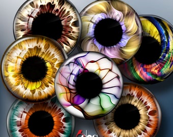 Fractal Art Eyes Digital Collage Sheets 1.5", 1.25", 30mm, 1", 25mm Circles for Doll Making JC-423