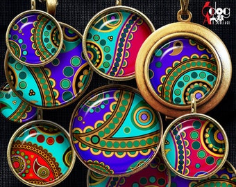 Paisley Digital Collage Sheets Downloads Bottle Cap Pendant Jewelry Scrapbooking Supplies 40mm, 1.5", 1.25", 1", 30mm, 25mm Circles JC-036C