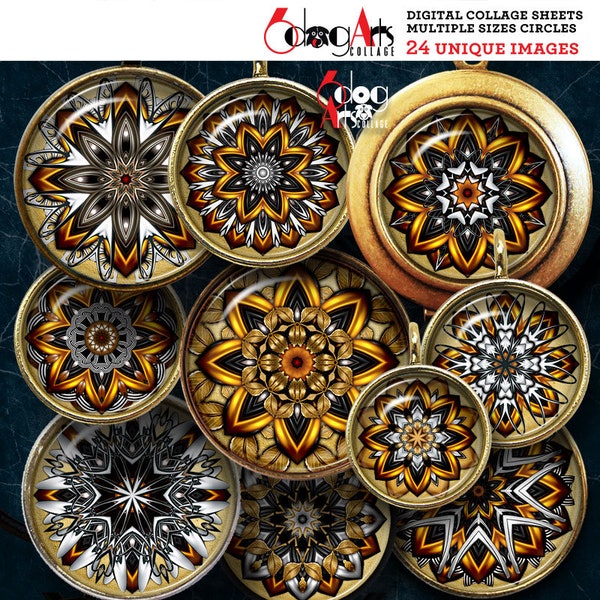 Metal Flower Mandala Digital Collage Sheets Printable Download Bottle Caps Pendants Paper Crafts 1.5", 1.25", 1", 30mm, 25mm Circles JC-309C