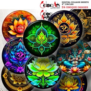 Fogli di collage digitale con cerchi di loto sacro OM Ganesha da 4 pollici, stampabili e scaricabili per sottobicchieri, fermacarte, magneti, scrapbooking JC-457