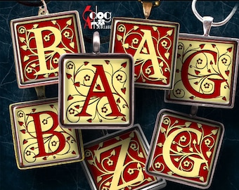 May include: Six square-shaped pendants with gold frames and red and cream backgrounds. Each pendant features a different letter of the alphabet in a stylized font with floral designs. The text "dogArts COLLAGE" is visible in the top left corner of the image. The text "DIGITAL COLLAGE SHEETS MULTIPLE SIZES 52 UNIQUE IMAGES" is visible in the top right corner of the image.