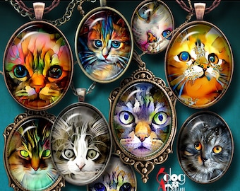 Cat Painting Digital Collage Sheets Printable Download Pendants Glass Cabochons Crafts 30x40mm, 22x30mm, 18x25mm, 13x18mm Ovals JC-150O