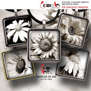 Sepia Flowers 1.5&quot;&quot;, 1&quot;, 30mm, 25mm, 15mm Squares Digital Collage Sheets Printable Download Pendants Cabochons Scrapbooking JC-179S