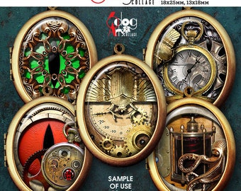 Steampunk Designs Digital Collage Sheets Printable Download for Pendants Glass Cabochons 30x40mm, 22x30mm, 18x25mm, 13x18mm Ovals JC-297O