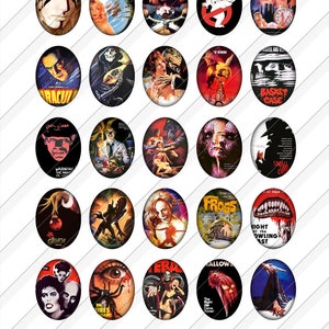 May include: Twenty-five oval-shaped glass cabochons with images of horror movie posters. The images include characters from movies such as "The Grinch", "Eraserhead", "The Twilight Zone", "Basket Case", "Night of the Living Dead", "The Fly", "The Exorcist", "Jaws", "Friday the 13th", "Halloween", "The Thing", "The Blob", "The Evil Dead", "Poltergeist", "Child's Play", "A Nightmare on Elm Street", "The Texas Chainsaw Massacre", "The Birds", "The Omen", "Carrie", "The Shining", "Alien", "Predator", "The Silence of the Lambs", and "Psycho".