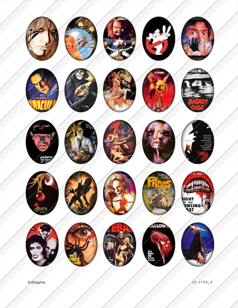 May include: Twenty-five oval-shaped glass cabochons with images of horror movie posters. The images include characters from movies such as "The Grinch", "Eraserhead", "The Twilight Zone", "Basket Case", "Night of the Living Dead", "The Fly", "The Exorcist", "Jaws", "Friday the 13th", "Halloween", "The Thing", "The Blob", "The Evil Dead", "Poltergeist", "Child's Play", "A Nightmare on Elm Street", "The Texas Chainsaw Massacre", "The Birds", "The Omen", "Carrie", "The Shining", "Alien", "Predator", "The Silence of the Lambs", and "Psycho".