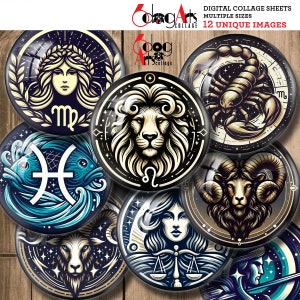 Arkusze kolażu cyfrowego ze znakami zodiaku do pobrania do wydruku na kapsle do butelek, wisiorki, rękodzieło, 20 mm, 18 mm, 16 mm, 14 mm, 12 mm, kółka JC-469C