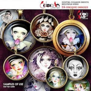 Hojas de collage digital imprimibles de Pierrot Harlequin Colombina. Mini colgantes de tapas de botella de 20 mm, 18 mm, 16 mm, 14 mm y 12 mm. Círculos JC-127.