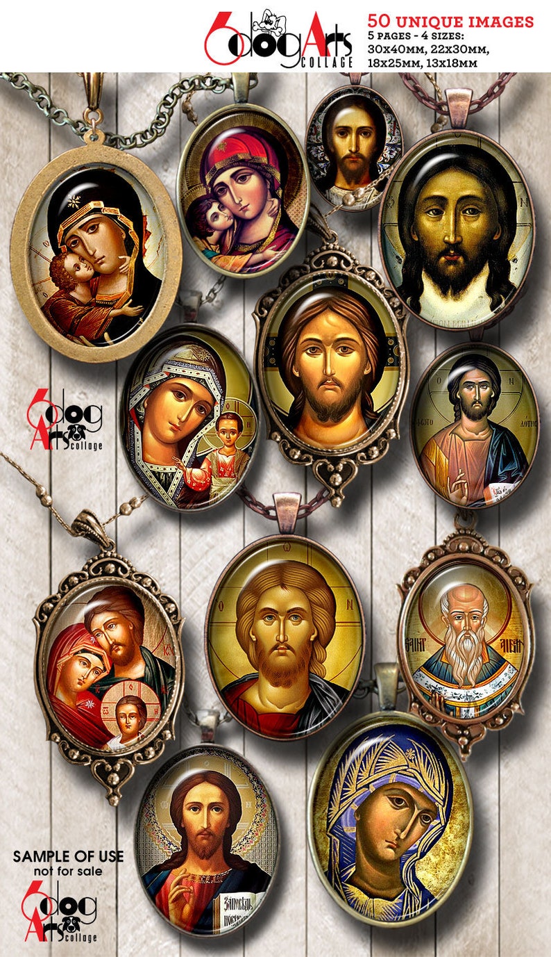 May include: A set of 50 unique images of religious icons, featuring various depictions of Jesus Christ and Mary, in a variety of sizes, including 30x40mm, 22x30mm, 18x25mm, and 13x18mm.