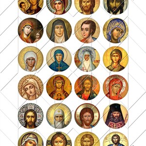 May include: A sheet of 16 round stickers featuring colorful religious icons. The icons depict various saints and religious figures, including Jesus, Mary, and other holy figures.
