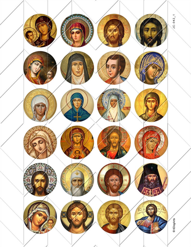 May include: A sheet of 16 round stickers featuring colorful religious icons. The icons depict various saints and religious figures, including Jesus, Mary, and other holy figures.