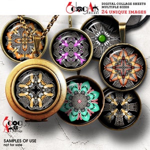 May include: A set of eight round, decorative, metal locket pendants with intricate, colorful, mandala-like designs. The pendants are on black and gold chains.
